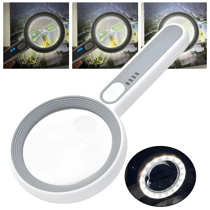 Rechargeable LED Handheld Magnifier 3 Lighting Modes Illuminated Magnifying Glass for Seniors Reading and Repair