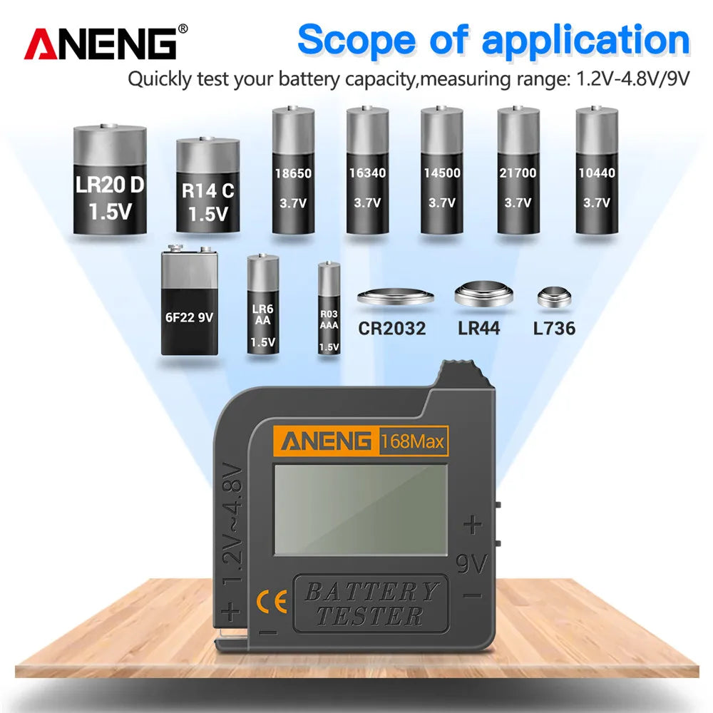Universal Lithium Battery Tester Portable 1.2-9V LCD Battery Checker for AA AAA C D 9V 18650 & Button Cells