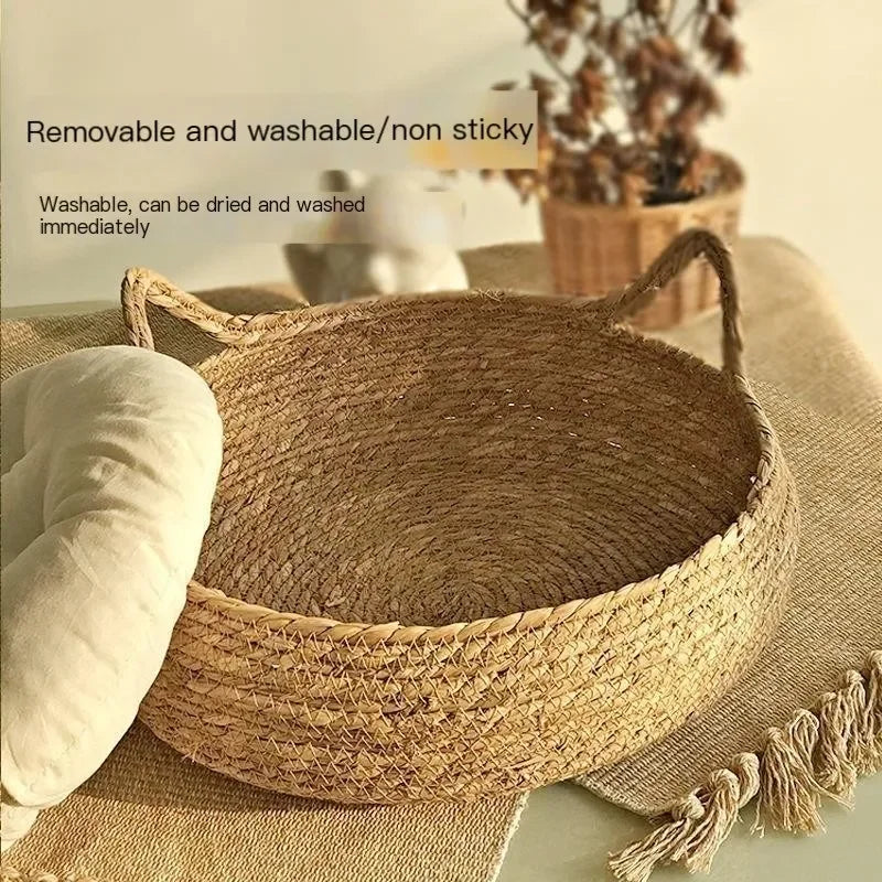 Handmade Vine-Woven Cat Nest Bed with Detachable Washable Pad, Four-Seasons Natural Straw Pet Bed