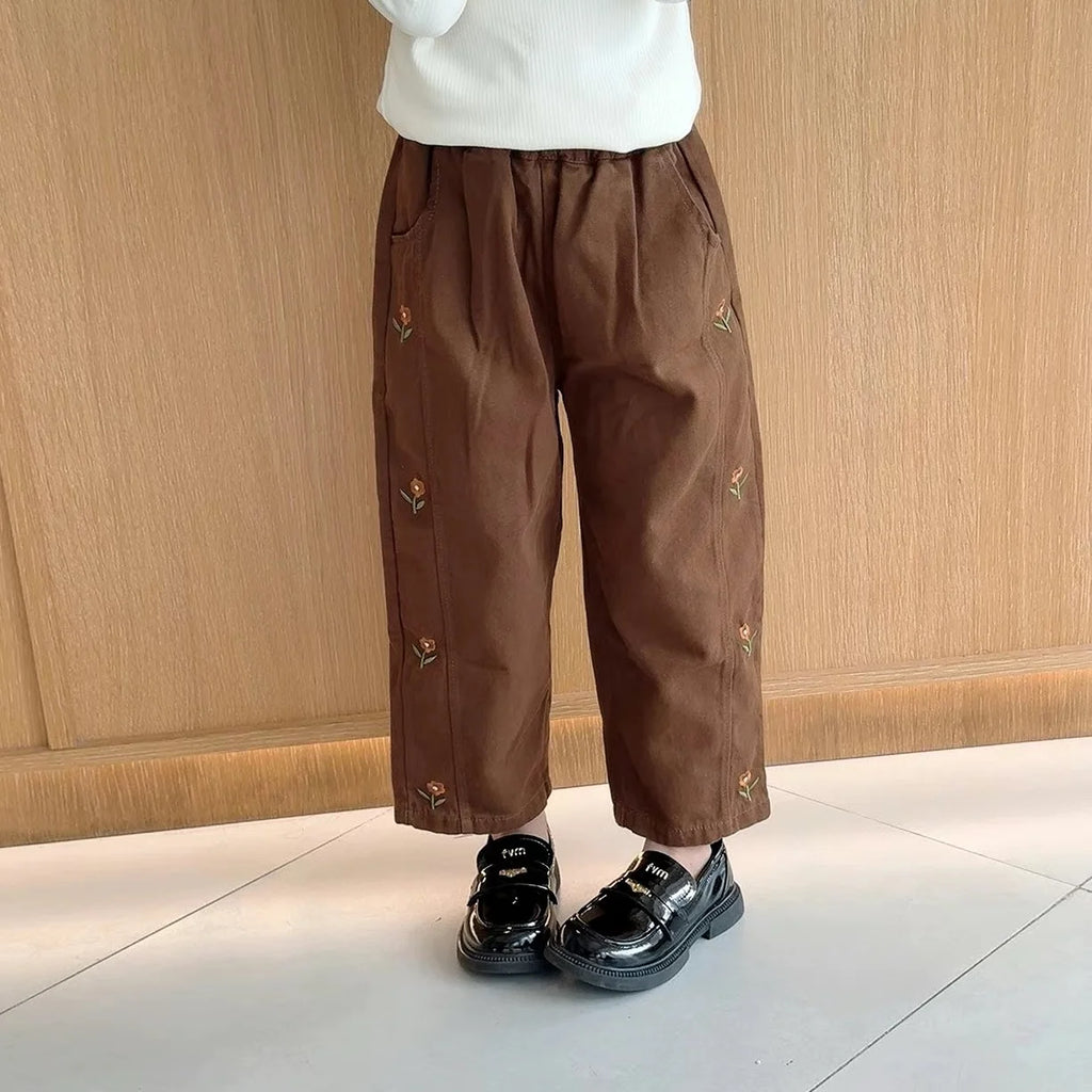 Girls Floral Embroidered Cotton Harem Pants 2-6T Elastic Waist Casual Autumn Trousers
