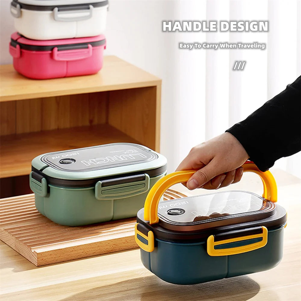 1200ml (1.2L / 40.6 fl oz) Double-Layer Bento Lunch Box with Spoon & Fork - Leakproof Compartmentalized Portable Lunchbox for Office, School & Camping