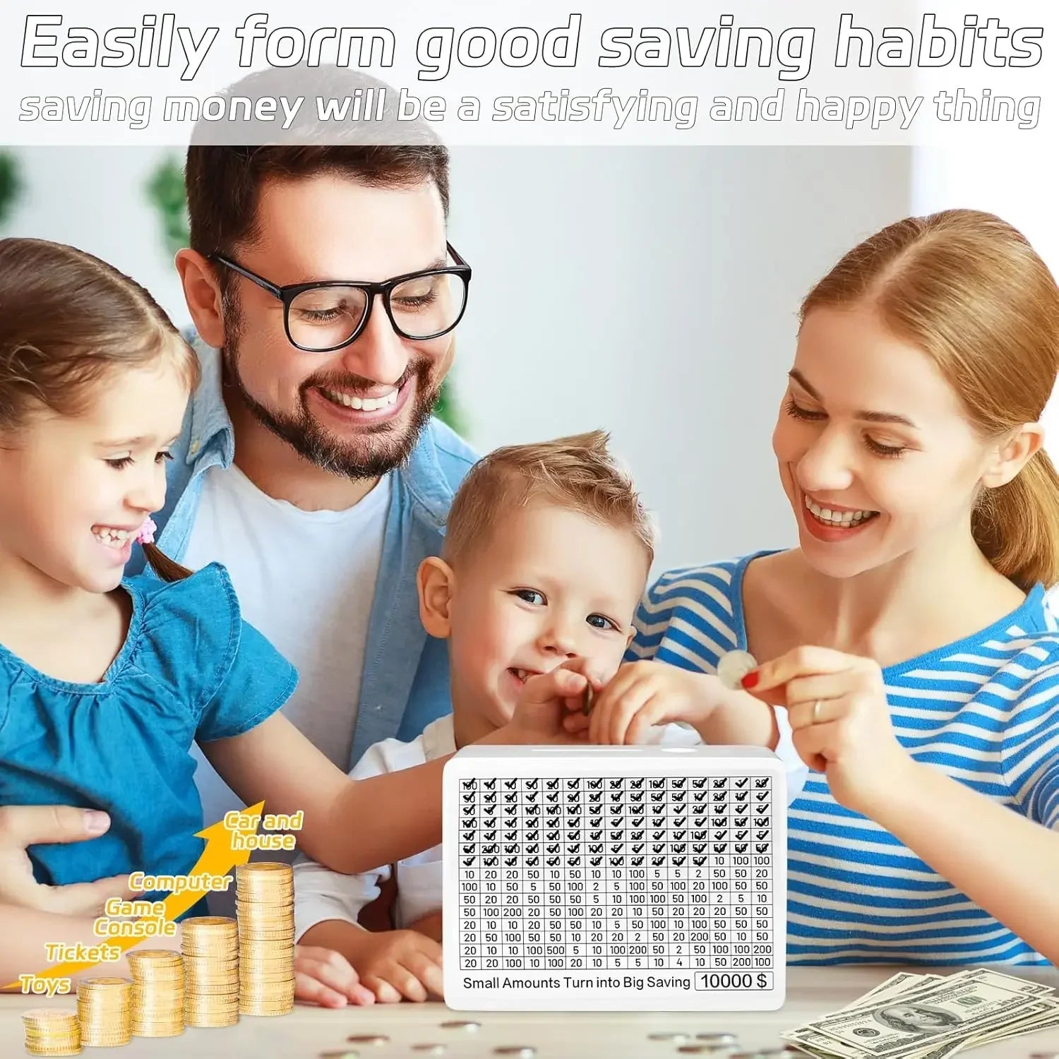 10000 Wooden Money Saving Challenge Box — Cash Vault Piggy Bank for Adults & Kids with Goal Stickers & Accessories (6.5 x 4.7 x 2.6 in | 16.5 x 12 x 6.5 cm)