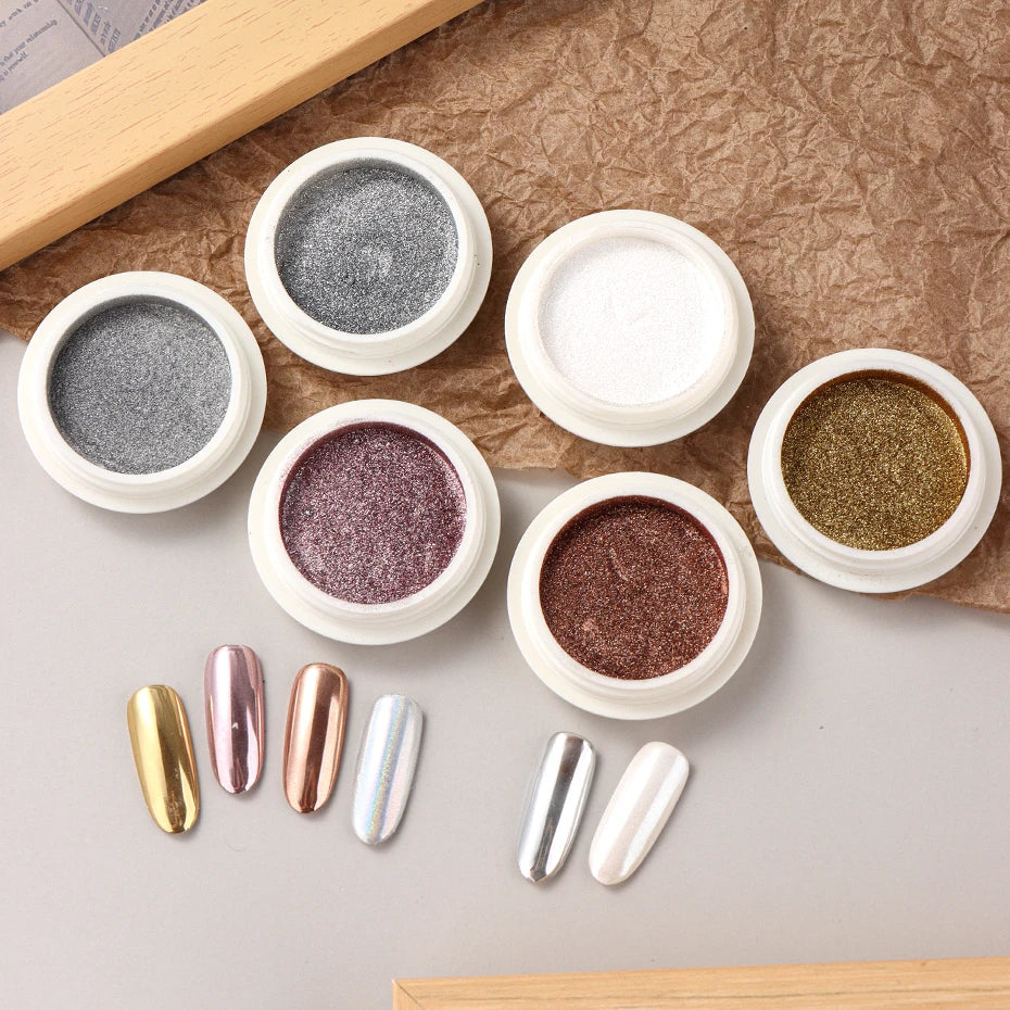 6-Pack Chrome Mirror Nail Powder Set Gold Silver Rose Gold White Holographic Aurora Iridescent Nail Art Pigments