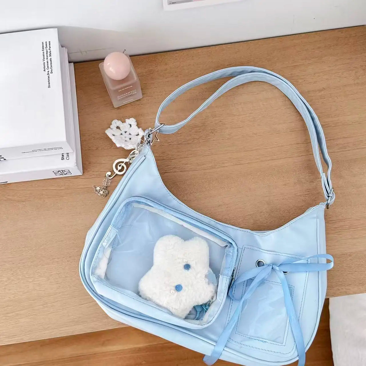 Harajuku Transparent Ita Shoulder Bag with Bow Accent – Korean Preppy School Crossbody Purse, Adjustable Strap