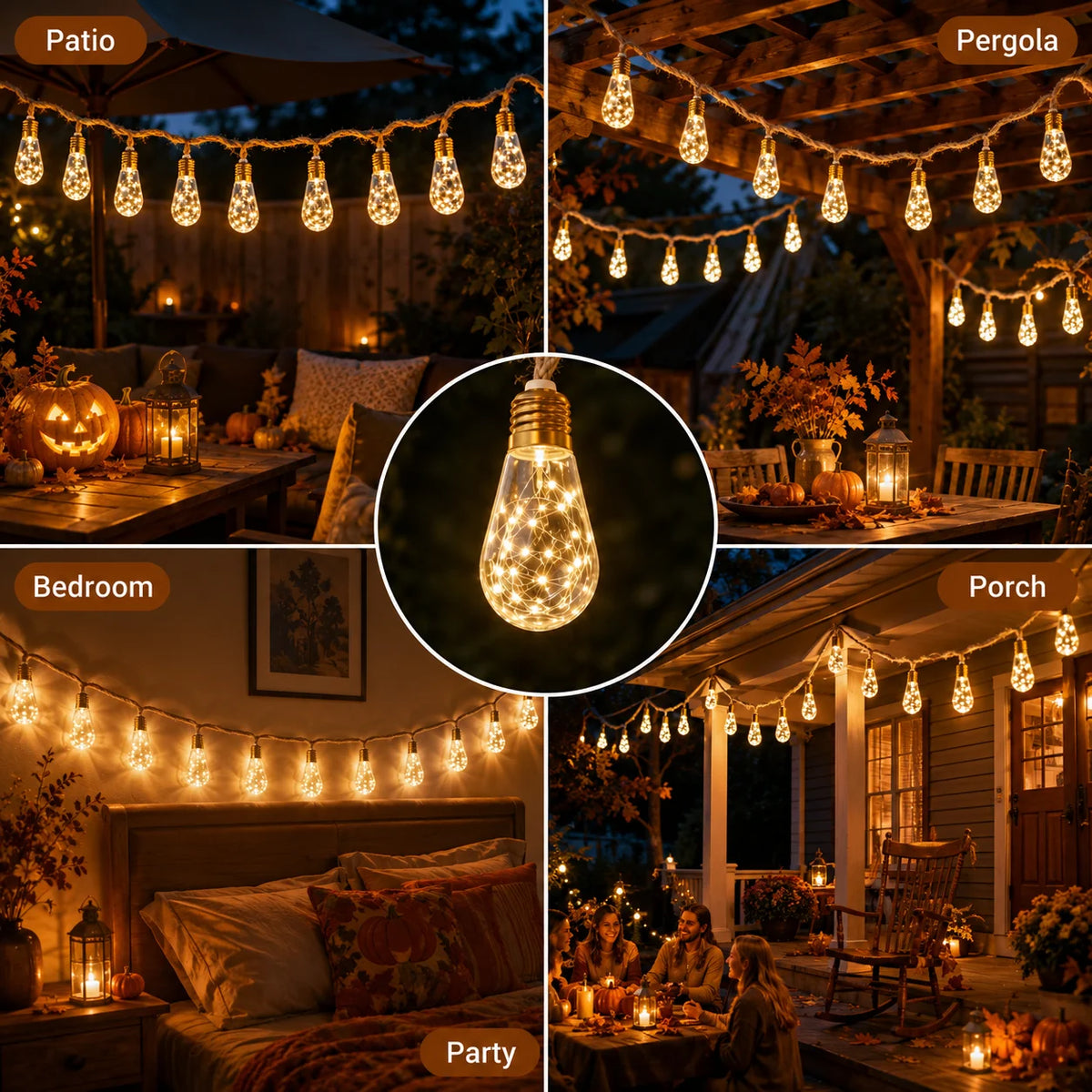 USB Hemp Rope Edison String Lights – Warm White 8/16/24 LED, 4m/6m/8m (13.1/19.7/26.2 ft), 8 Modes – Patio Porch Wedding Garden Decor