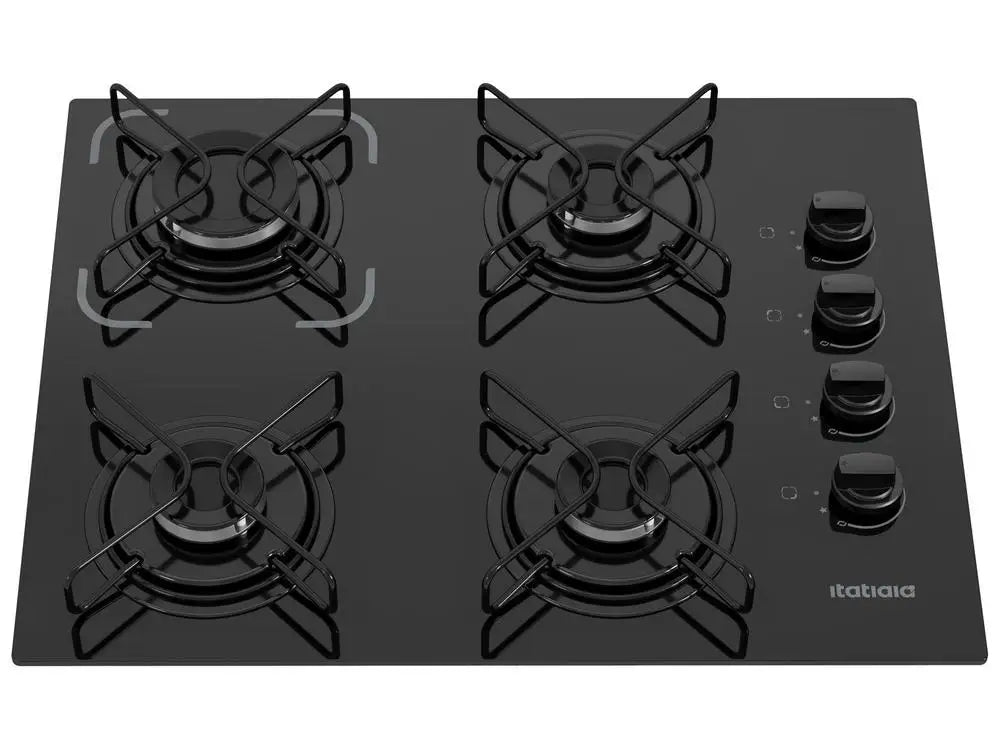 4-Burner Gas Cooktop (LPG/NG) Black - 6mm Tempered Glass Top, Bivolt
