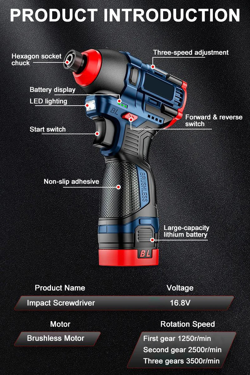 16.8V Brushless Cordless Drill & Impact Driver — 200 N·m Max Torque Electric Screwdriver for Home DIY