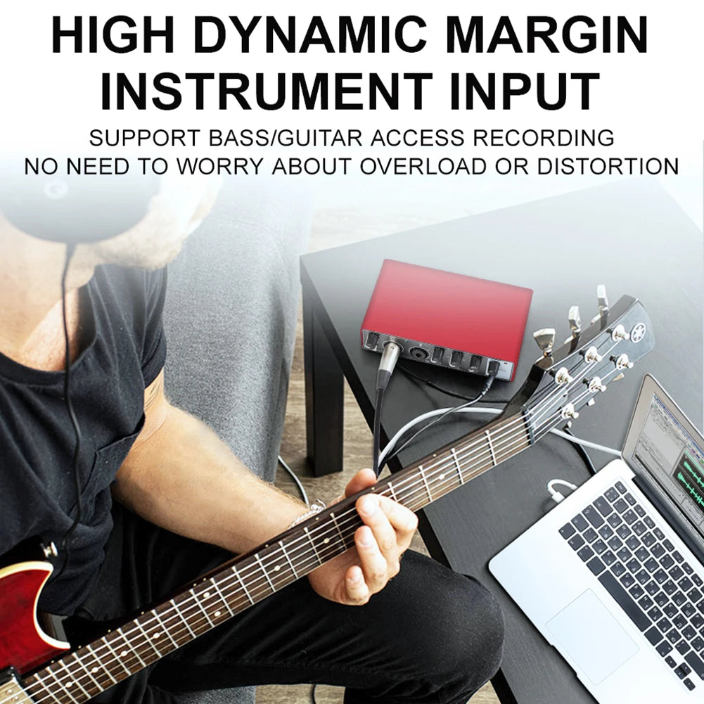 Portable 2-in-2-out USB Audio Interface 24-bit/192kHz with 48V Phantom Power, Loopback & Zero-Latency Monitoring for Guitar and Vocal Recording