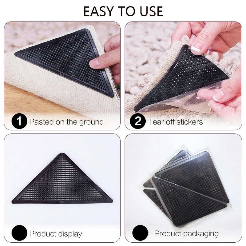 Triangle Rug Grippers 4pc/8pc — Reusable Anti-Slip Rubber Carpet Pads for Tile, Hardwood & Laminate