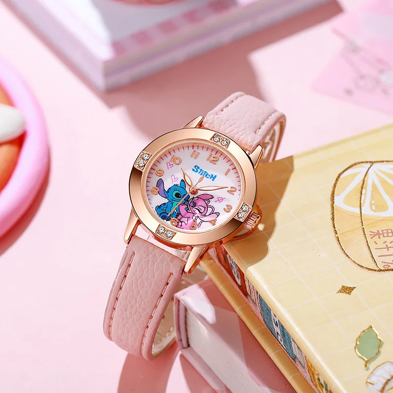 Girls Cartoon Leather Strap Watch with Rhinestone Dial — Rose Gold Cute Kids Watch