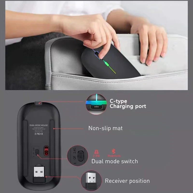 Rechargeable Bluetooth & 2.4GHz Wireless Mouse — Silent Click, RGB, Ergonomic, USB-C Charging for PC Mac iPad Laptop Phone TV