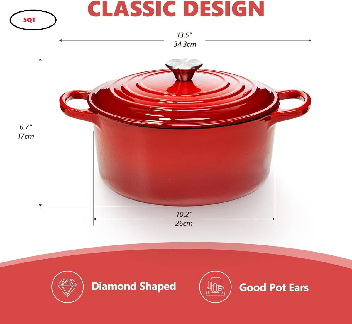 7-Quart (6.6 L) Enameled Cast Iron Dutch Oven with Lid - Dual Handles, Oven-Safe to 500°F