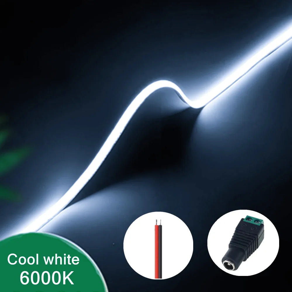 3mm (0.12in) Ultra-Thin COB LED Strip Light 12V – 400 LEDs/m Dimmable High-Density Flexible Tape, 3000K/4000K/6000K & Multicolor