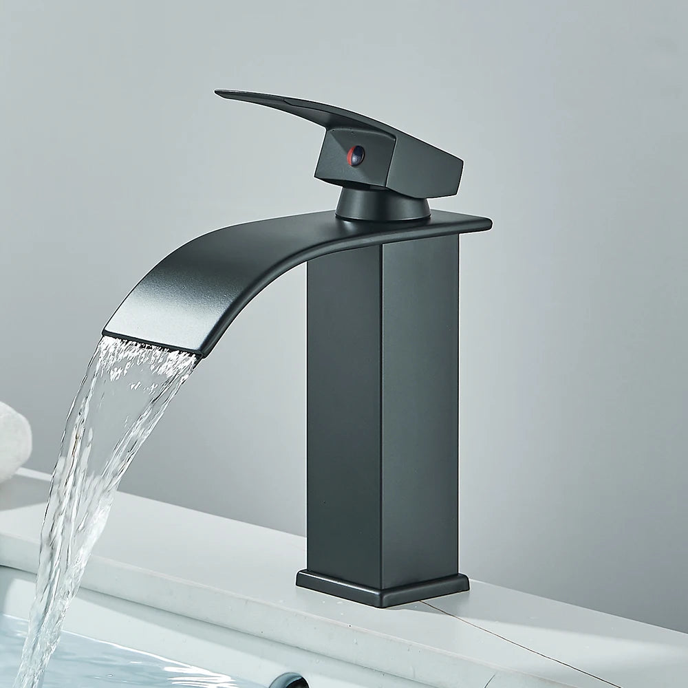 Matte Black Waterfall Basin Faucet - Single-Handle Mixer Tap for Bathroom Sink (Deck-Mounted, Hot & Cold)