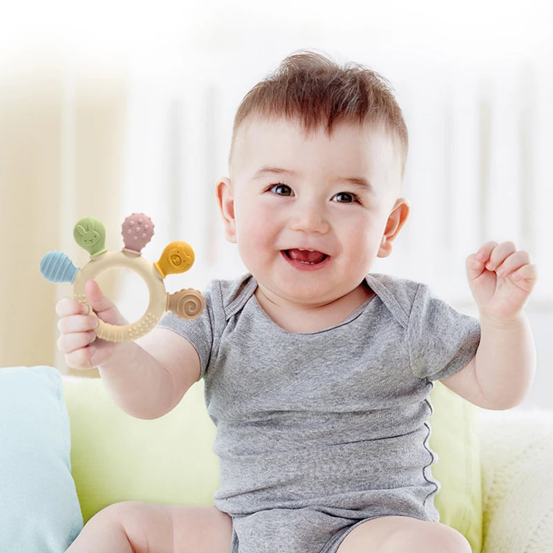 Multicolor Silicone Baby Ring Teether 0-12 Months Chew Beads Sensory Gum Relief