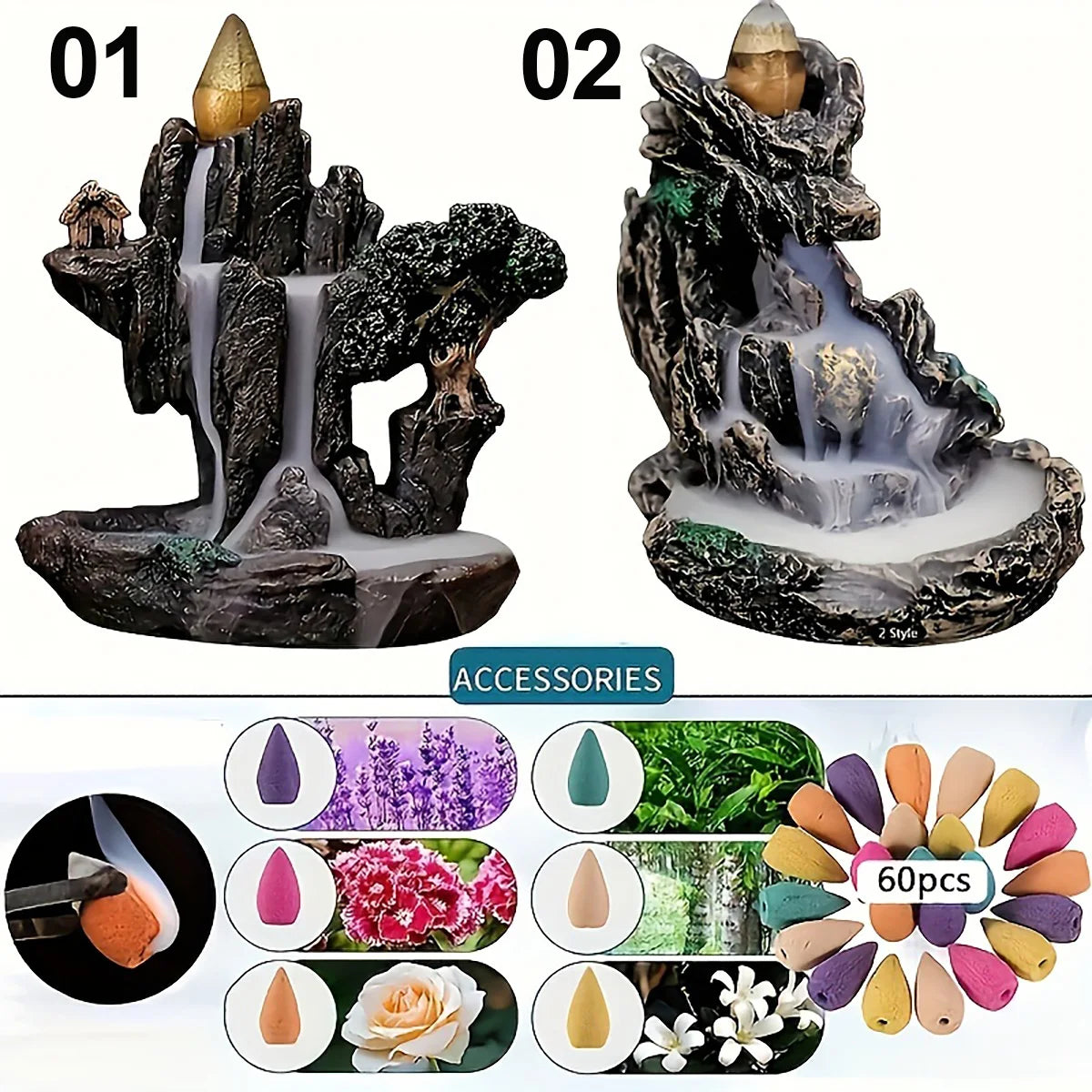 Backflow Incense Burner Fountain - Mountain River Waterfall Resin Smoke Censer with 60 Incense Cones