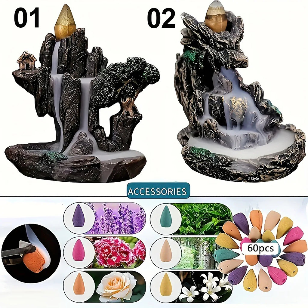 Backflow Incense Burner Waterfall Fountain – Mountain River Resin Censer with 60 Backflow Cones