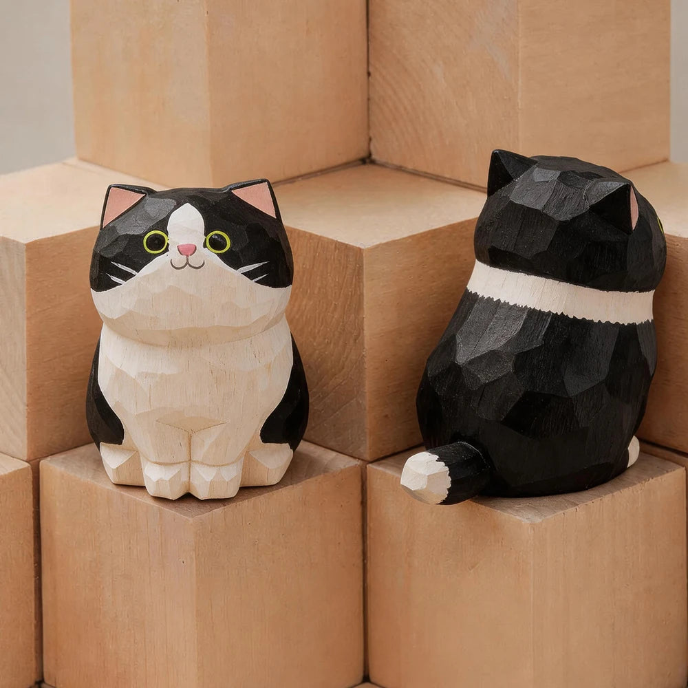 Set of 13 Hand-Carved Wooden Cat Figurines – Basswood Kitty Statues for Desk, Shelf, Car & Home Decor