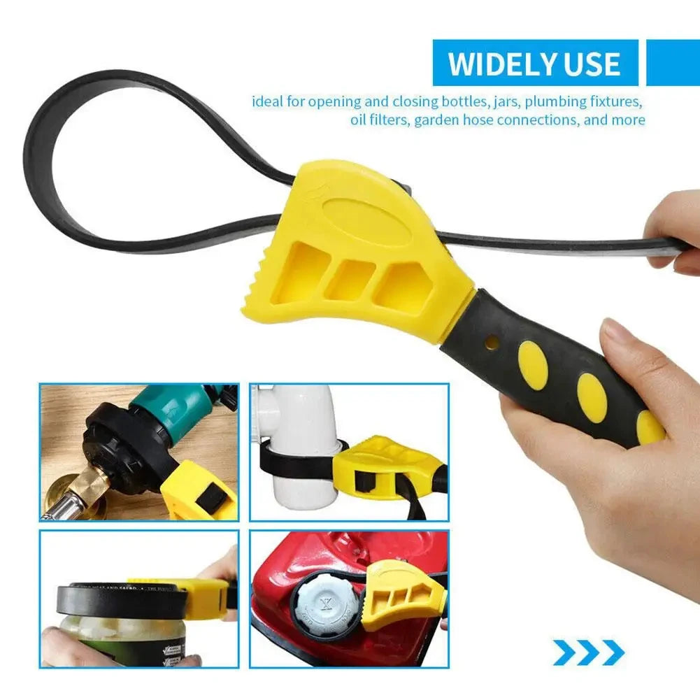 6-Inch (15 cm) Adjustable Multi-Function Belt Wrench – Plastic Strap Oil Filter & Bottle Opener Tool