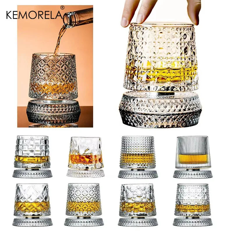 2-Pack 360° Rotating Whiskey Glasses with Glass Base – Crystal Cocktail & Rum Tumblers