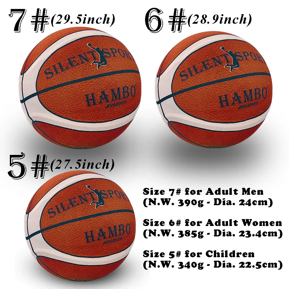 Silent Indoor Basketball — Quiet PU Foam Ball with Fabric Cover | Size 7 (29.5 in / 75 cm), Size 6 (28.9 in / 73.4 cm), Size 5 (27.9 in / 70.9 cm) for Training & Home Practice