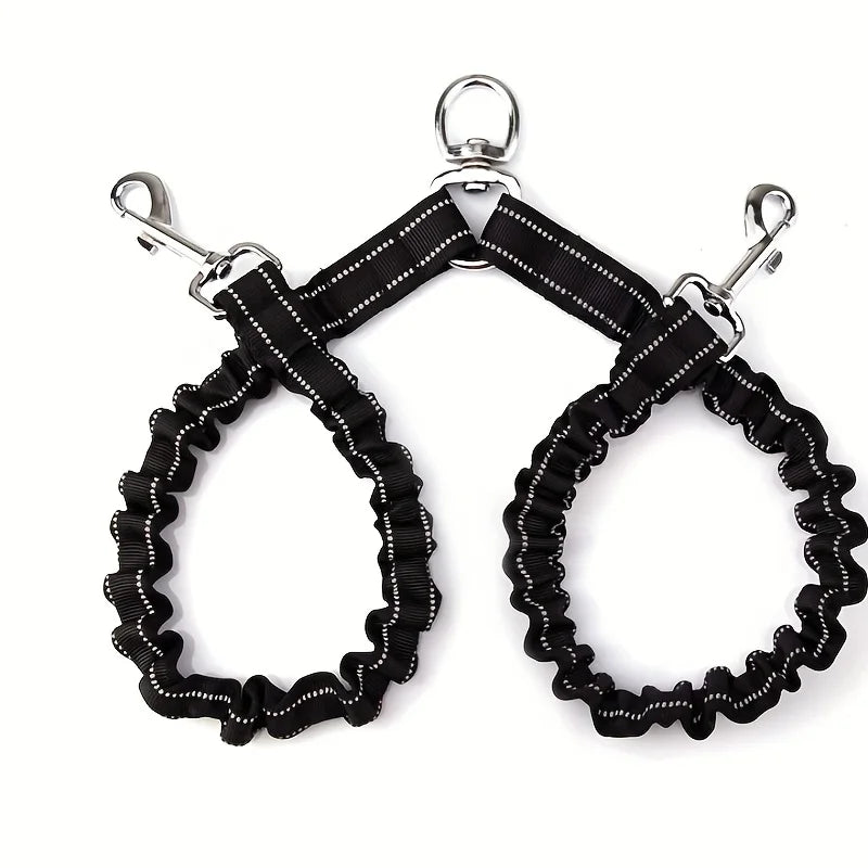 Double Dog Leash Coupler – No-Tangle Bungee Splitter with Shock-Absorbing, Reflective Lead for Safer Night Walks