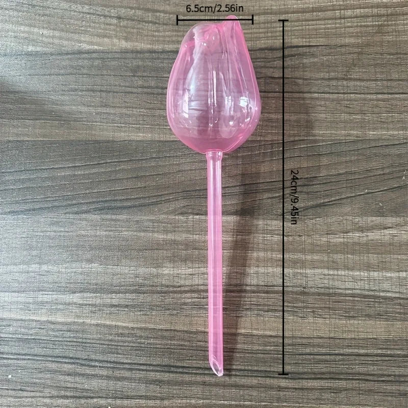 Pink Tulip Self-Watering Plant Globes — Automatic Indoor & Outdoor Drippers 9.4in x 2.6in (24cm x 6.5cm)