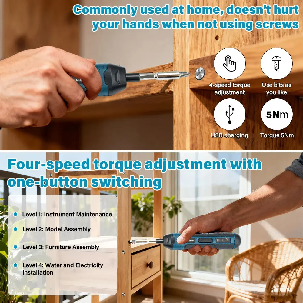 Rechargeable Cordless Electric Screwdriver Set 3.6V 1300mAh — 4 Torque Settings, LED, USB Charging