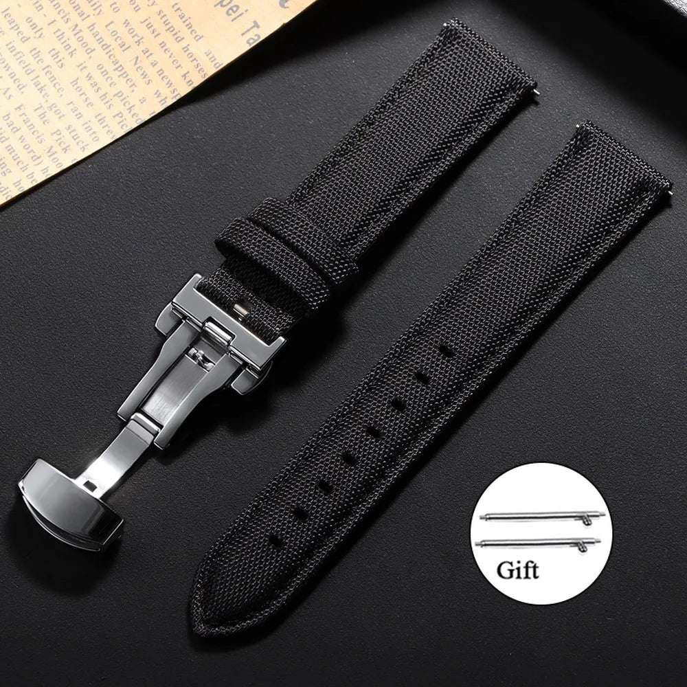 Sailcloth Nylon Leather Watch Strap 20mm 22mm Quick-Release Waterproof Butterfly Clasp Unisex Business Watch Band