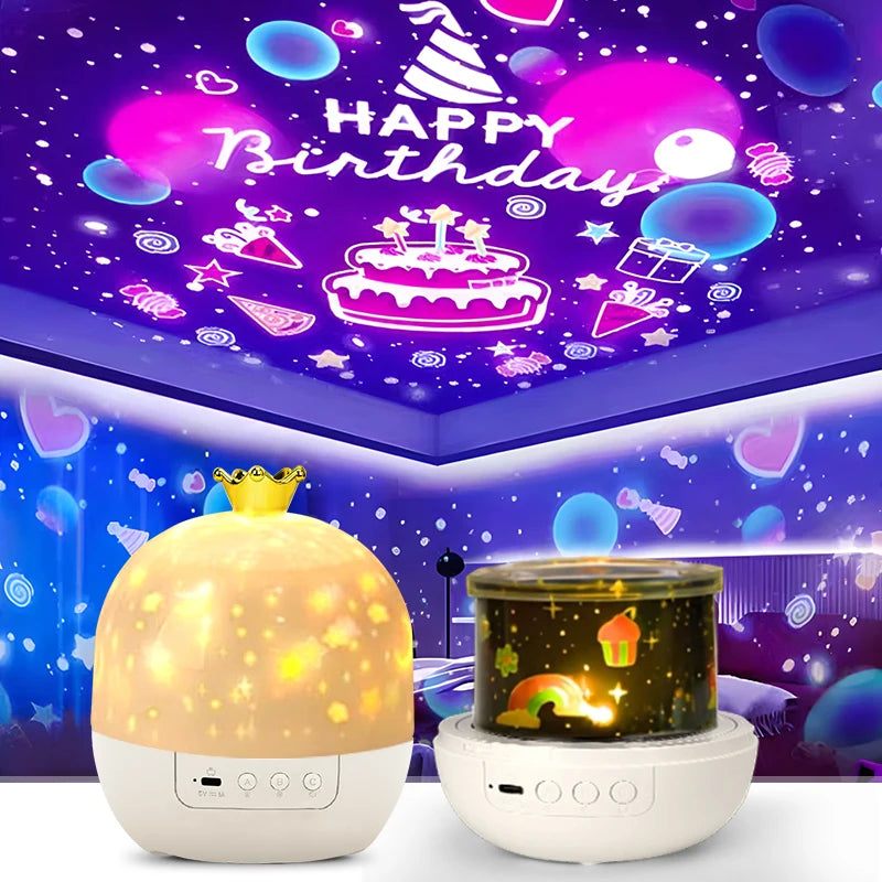 Crown Star Projector Night Light — Rotating LED Ceiling Lamp with Remote, USB Powered, 6 Projection Discs for Kids Bedroom & Parties