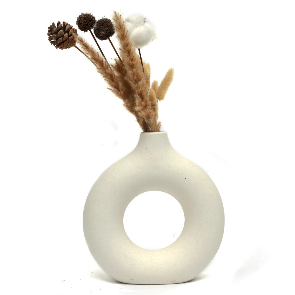 Nordic Ceramic Hollow Donut Vase - Modern Round Flower Pot for Home, Living Room & Office Decor