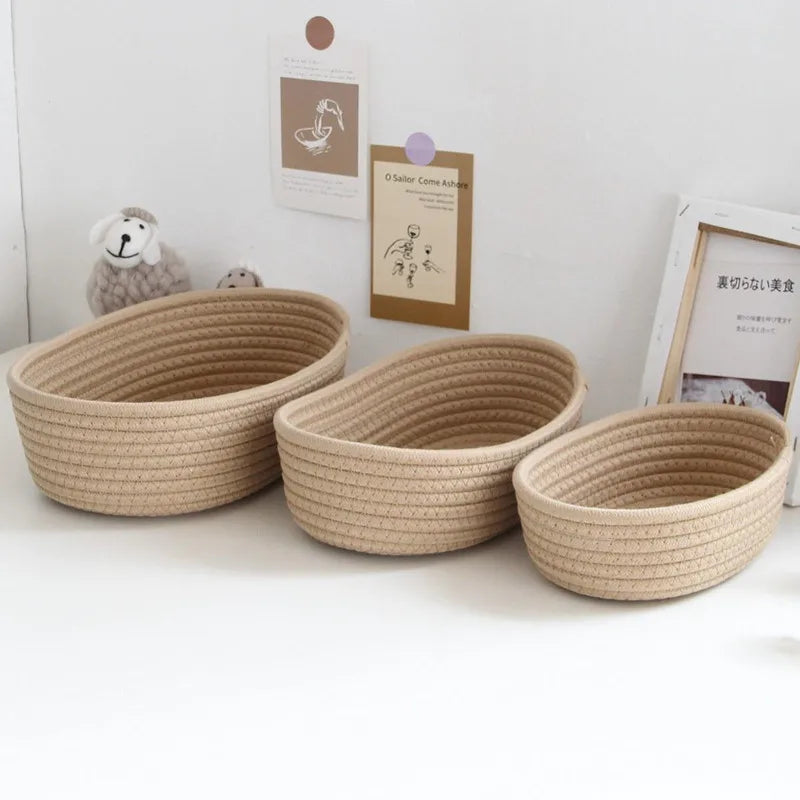Nordic Cotton Rope Woven Storage Baskets - Small/Medium/Large Desktop Organizer for Cosmetics, Keys & Sundries