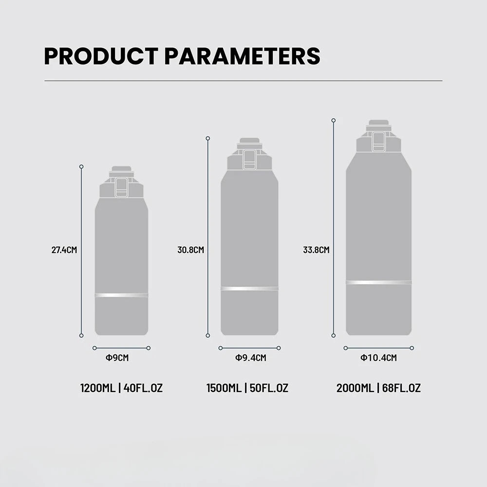 Insulated Stainless Steel Water Bottle - 40/51/68oz (1200/1500/2000ml) Travel Mug with Handle & Leak-Proof Pop-Up Lid for Hiking
