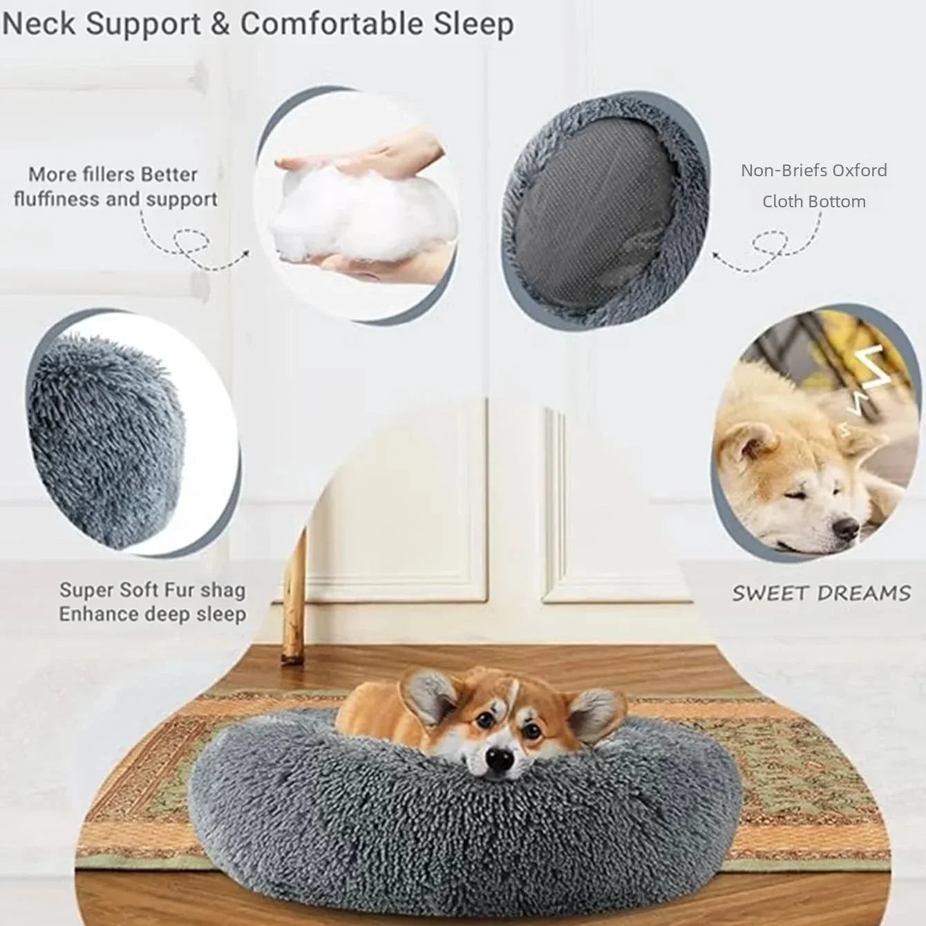 Calming Plush Pet Bed for Dogs & Cats - Corduroy Fleece Bolster, Non-Slip Waterproof Bottom, Multiple Sizes (15.7–35.4 in / 40–90 cm)