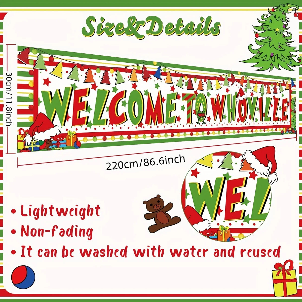 Large Welcome to Whoville Outdoor Christmas Banner - Grinch Yard Sign Hanging Decoration