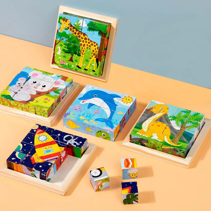 Wooden Six-Sided Animal Matching Puzzle Blocks Set – Montessori Early Learning Toy (Ages 3+)