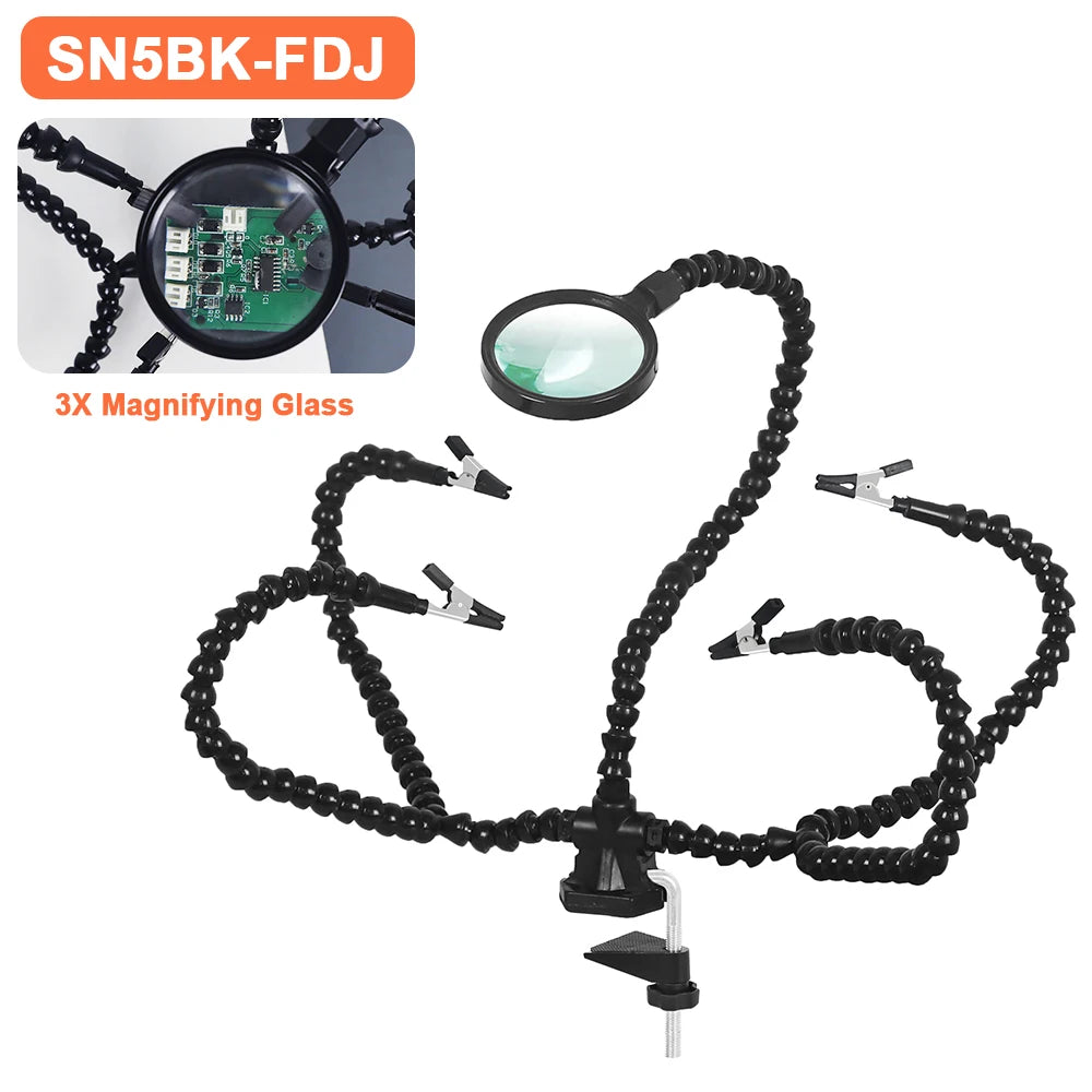 3X (55mm) Magnifier Soldering Helping Hands with PCB Holder and 5 Flexible Arms, Desk Clamp Station