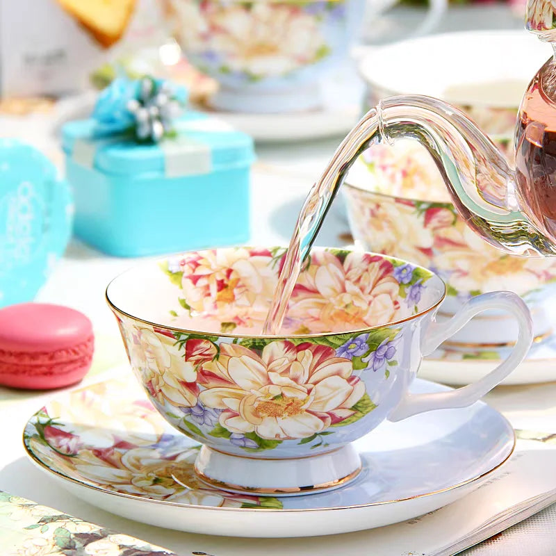 Bone China Afternoon Tea Cup Set with Saucer & Spoon — 200–210ml (6.8–7.1 fl oz) Teacup for Home, Office & Cafe Gift