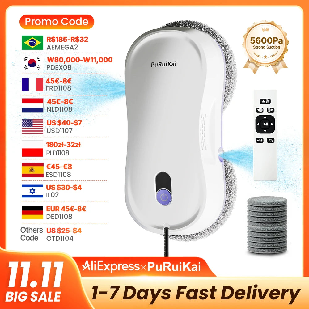 Automatic Window Cleaning Robot — Dual Spray, 5600Pa Suction, Remote Control & Edge Detection for Home