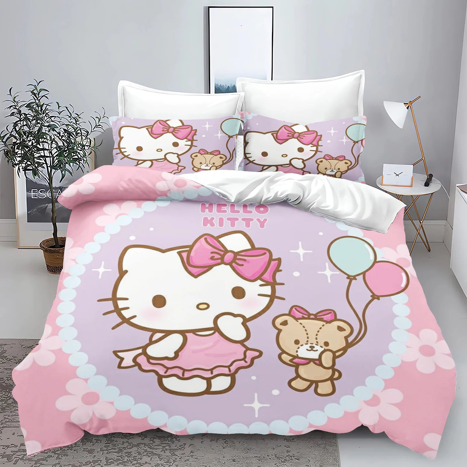 Hello Kitty Kids Bedding Set – 3-Piece Quilt Cover & 2 Pillowcases, 100% Polyester, Printed Cartoon, Multiple Sizes (Twin to King)