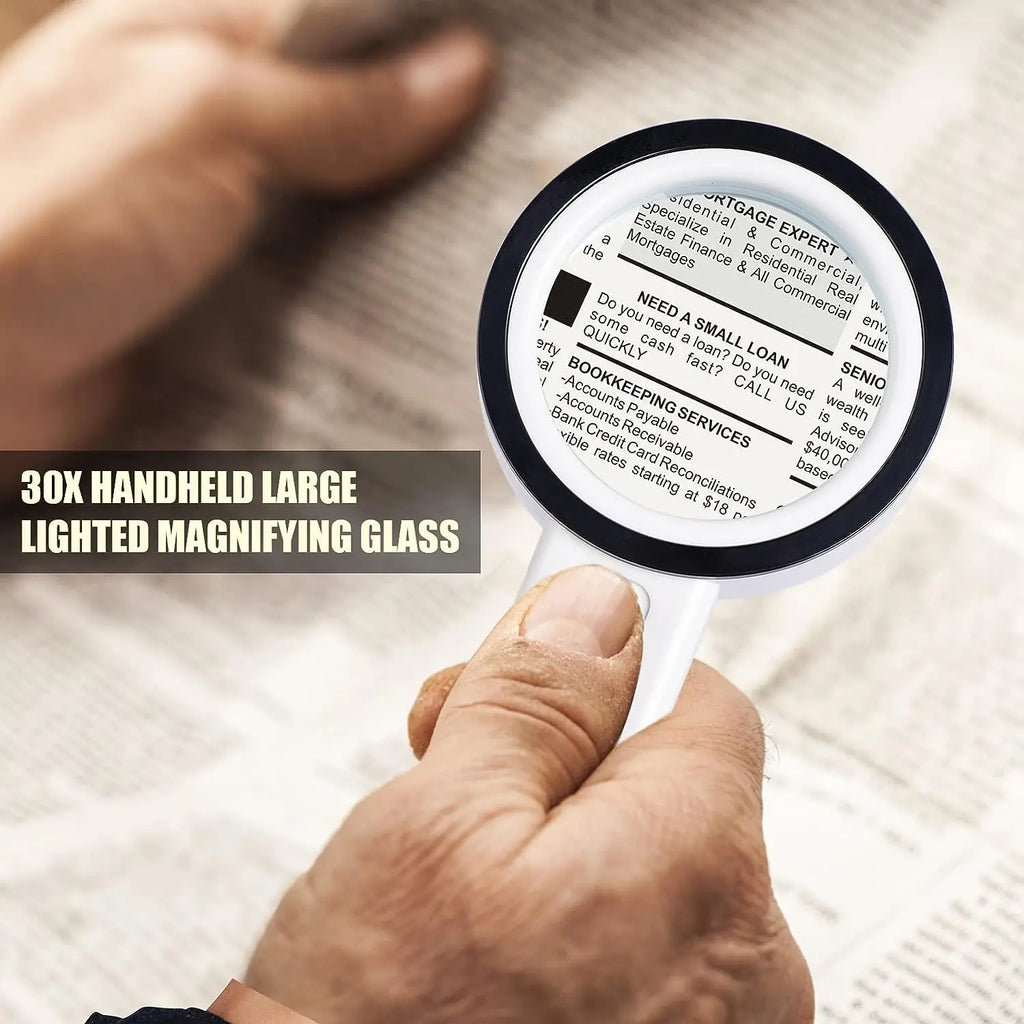 30X Handheld Magnifying Glass with 12 LEDs, Double Glass Lens Illuminated Magnifier for Reading, Jewelry & Watch Repair