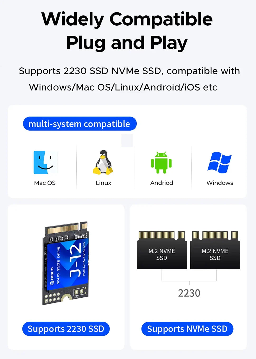 Portable M.2 2230 NVMe SSD Enclosure USB-C 10Gbps (USB 3.2 Gen 2) External M.2 Case for PC, Laptop