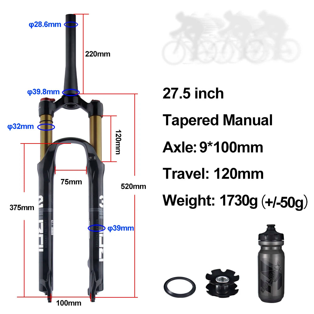 Mountain Bike Air Suspension Fork 26/27.5/29 Inch 100mm Travel (120mm Exposed) Air & Oil Damping Remote Lockout 9mm Axle 32mm Stanchions Disc Brake