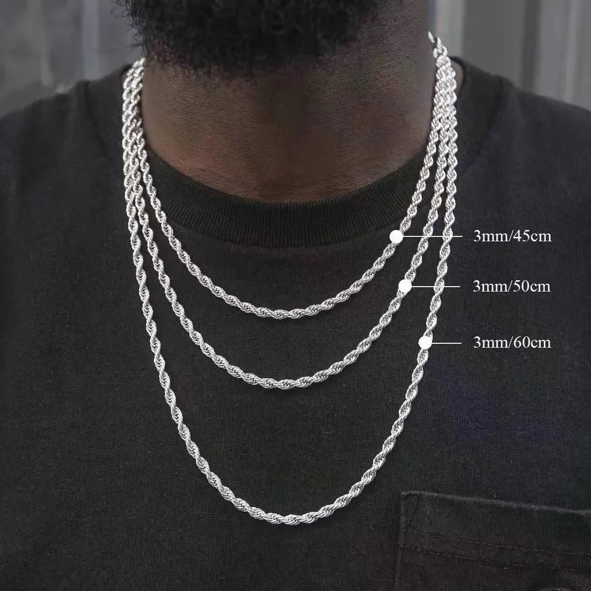 Silver Stainless Steel Rope Chain Necklace — Twisted Singapore Link for Men & Women, Widths 2mm/3mm/4mm/5mm (0.08–0.20 in)