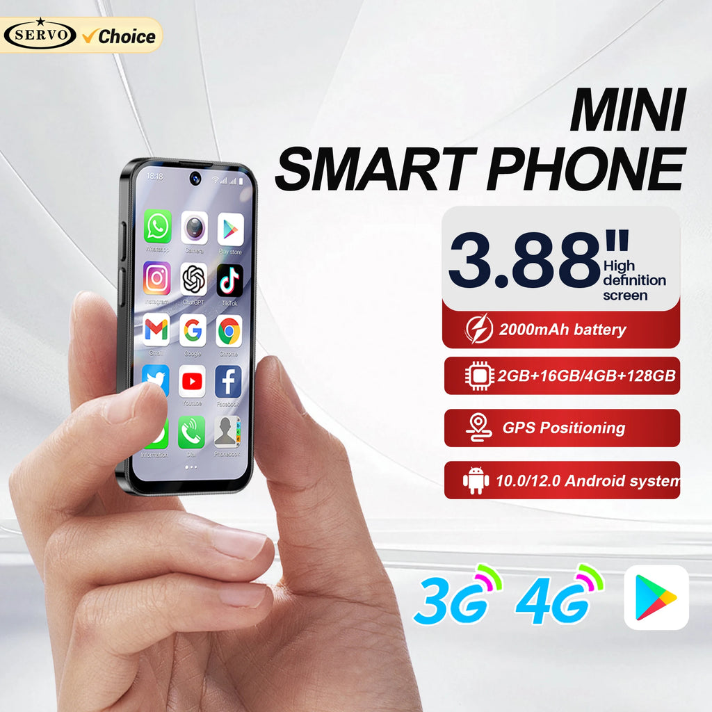 Mini Android Smartphone 3.88 in (9.86 cm) HD Display, 4G LTE Unlocked, 4GB/128GB or 2GB/16GB, 2000mAh Battery