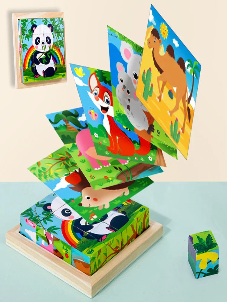 Wooden Six-Sided Animal Matching Puzzle Blocks Set – Montessori Early Learning Toy (Ages 3+)