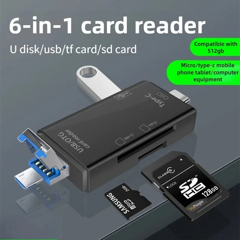 6-in-1 OTG Card Reader Adapter — Type-C & Micro USB for SD/TF Cards, High-Speed USB for Phone & Laptop