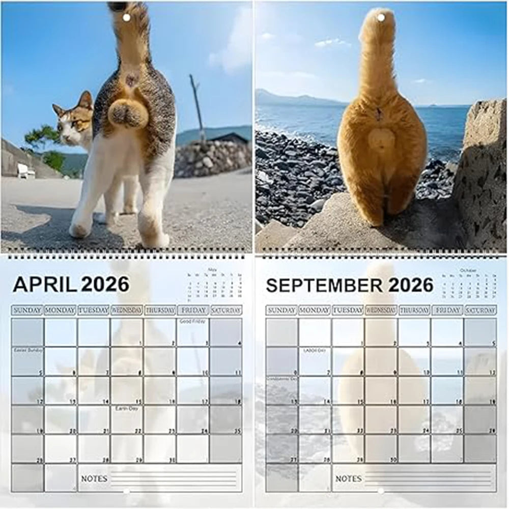Funny Cat Butt 12-Month Wall Calendar — Cat Tail Family Planner for Living Room & Bedroom