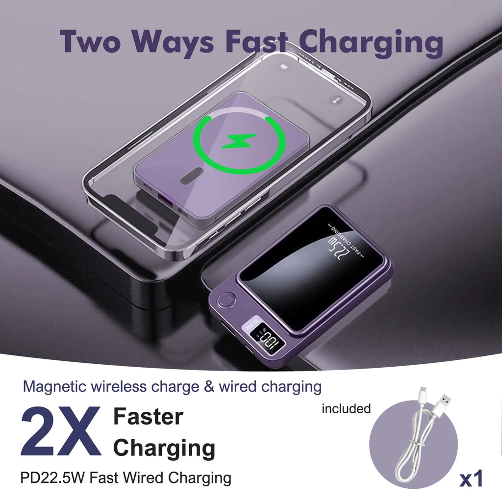 Magnetic Wireless Power Bank 22.5W Fast Charger — 10,000/5,000mAh Portable USB-C & Wireless Power Bank with LED Display, Built-in Cable