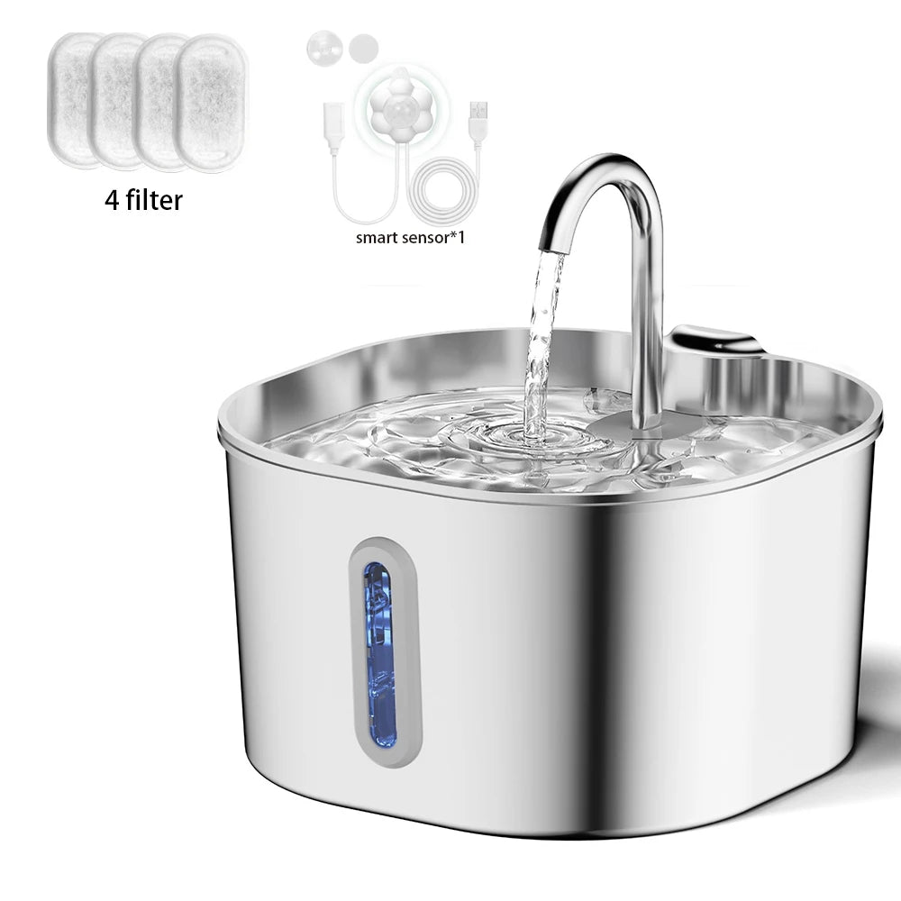 Stainless Steel Cat Water Fountain 2.2L (74 fl oz / 0.58 gal) Filtered Pet Water Dispenser with Ultra-Quiet Pump for Cats & Small Dogs